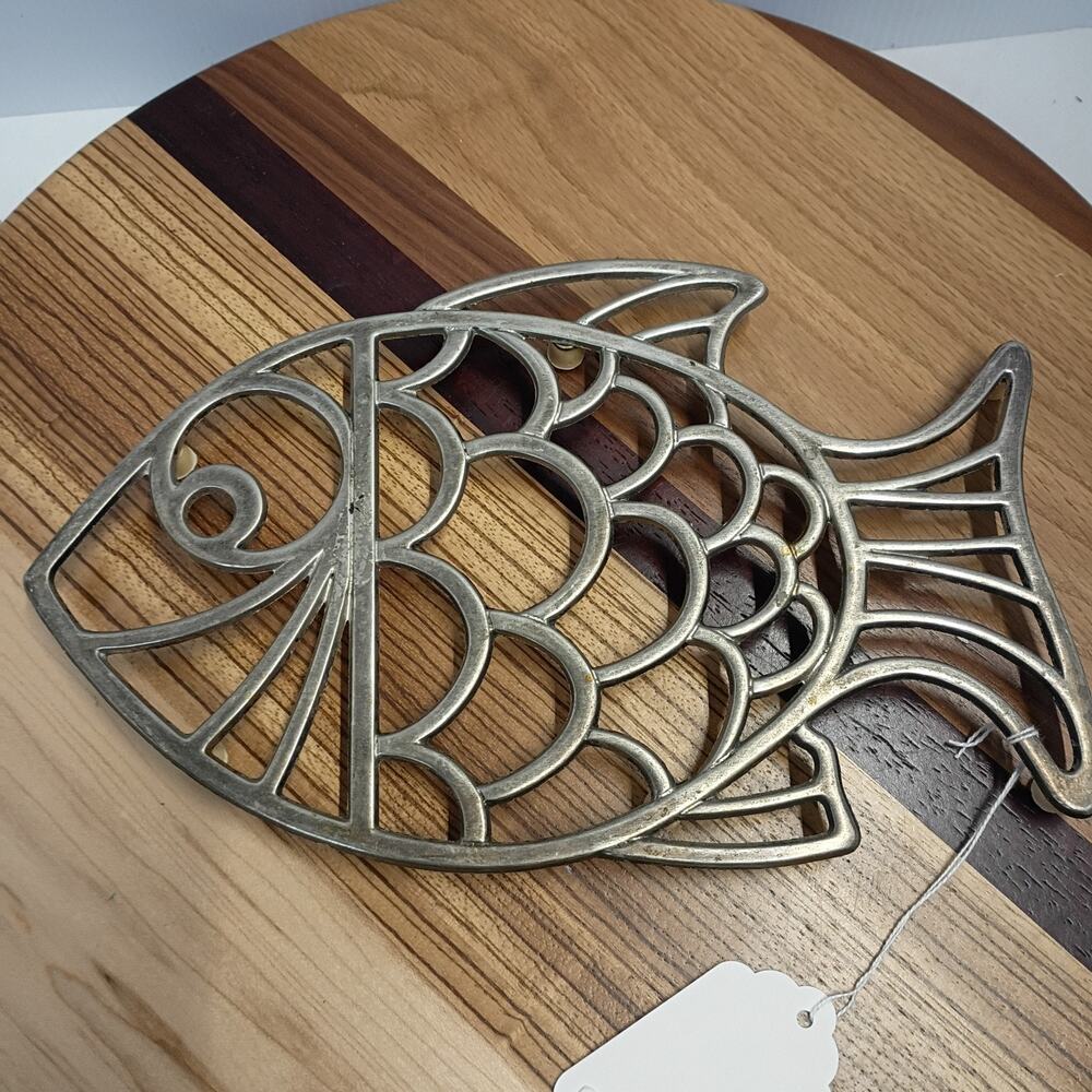 Leonard Silver Plated Brass Fish VTG MCM Chrome Metal Trivet Wall Hook Footed